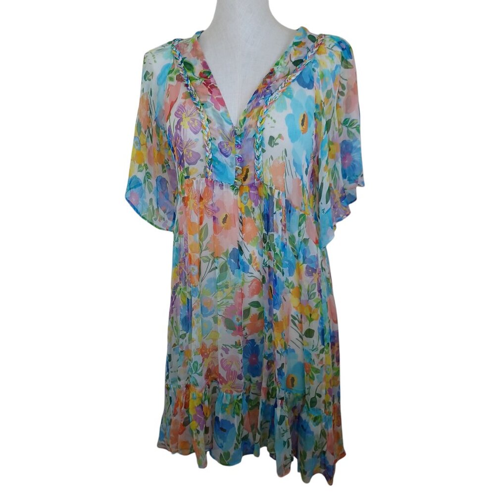 Jade Floral Chiffon Mini Dress V-Neck Braided Trim Flutter Sleeve Multicolor XS